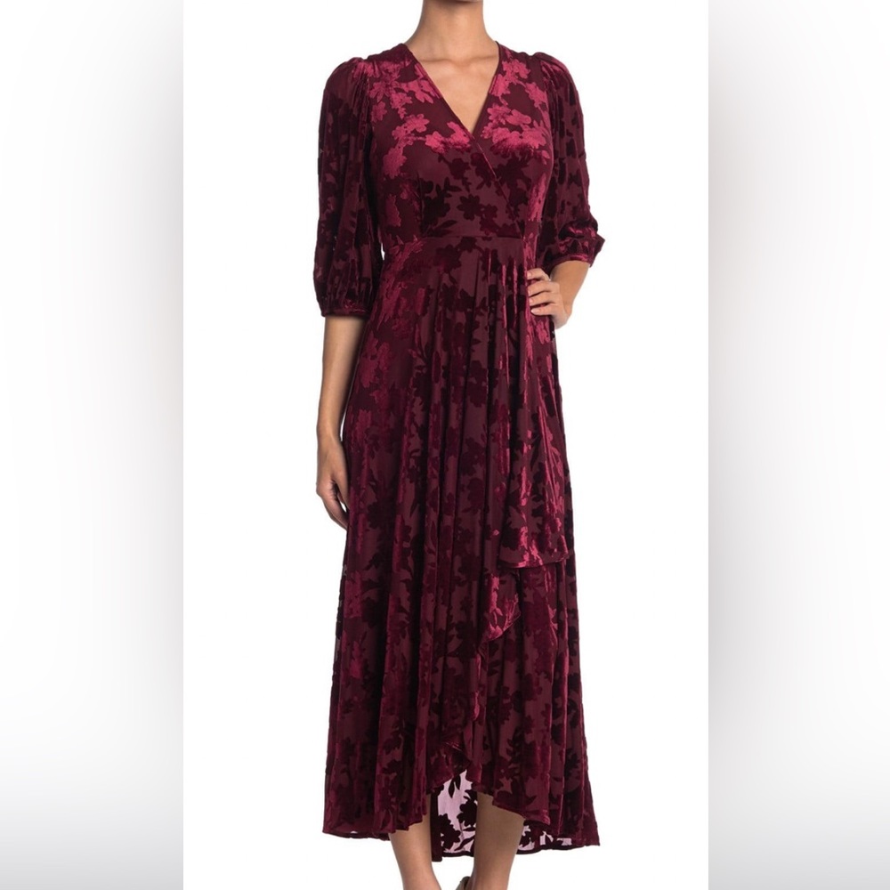 Wine Burnout Velvet Surplice V-Neck Machine Washable Faux Wrap Midi Dress